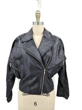 VTG Yucatan Bay Black Leather Moto Jacket Womens S Cropped